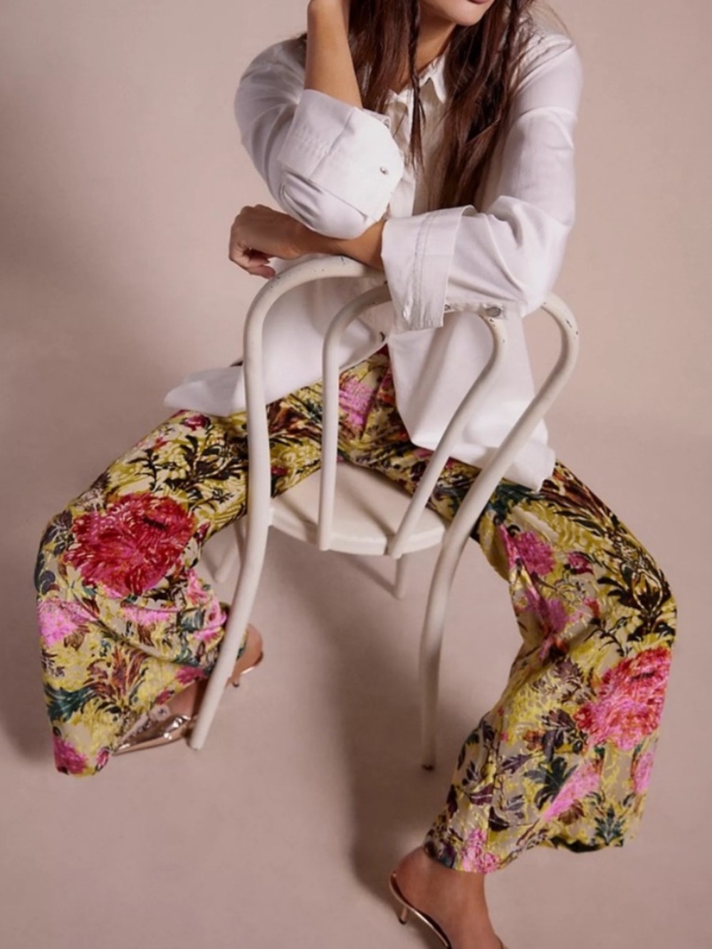 Free People Chartreuse Floral velvet Burnout Wide Legged Boho Pants 2